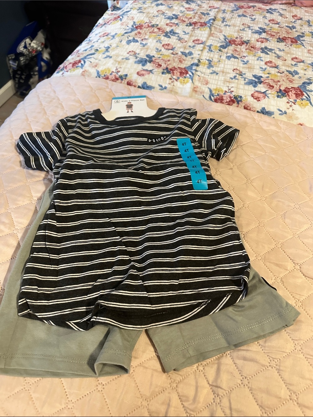 Volcom Black & White Striped Tee with Olive Green Shorts